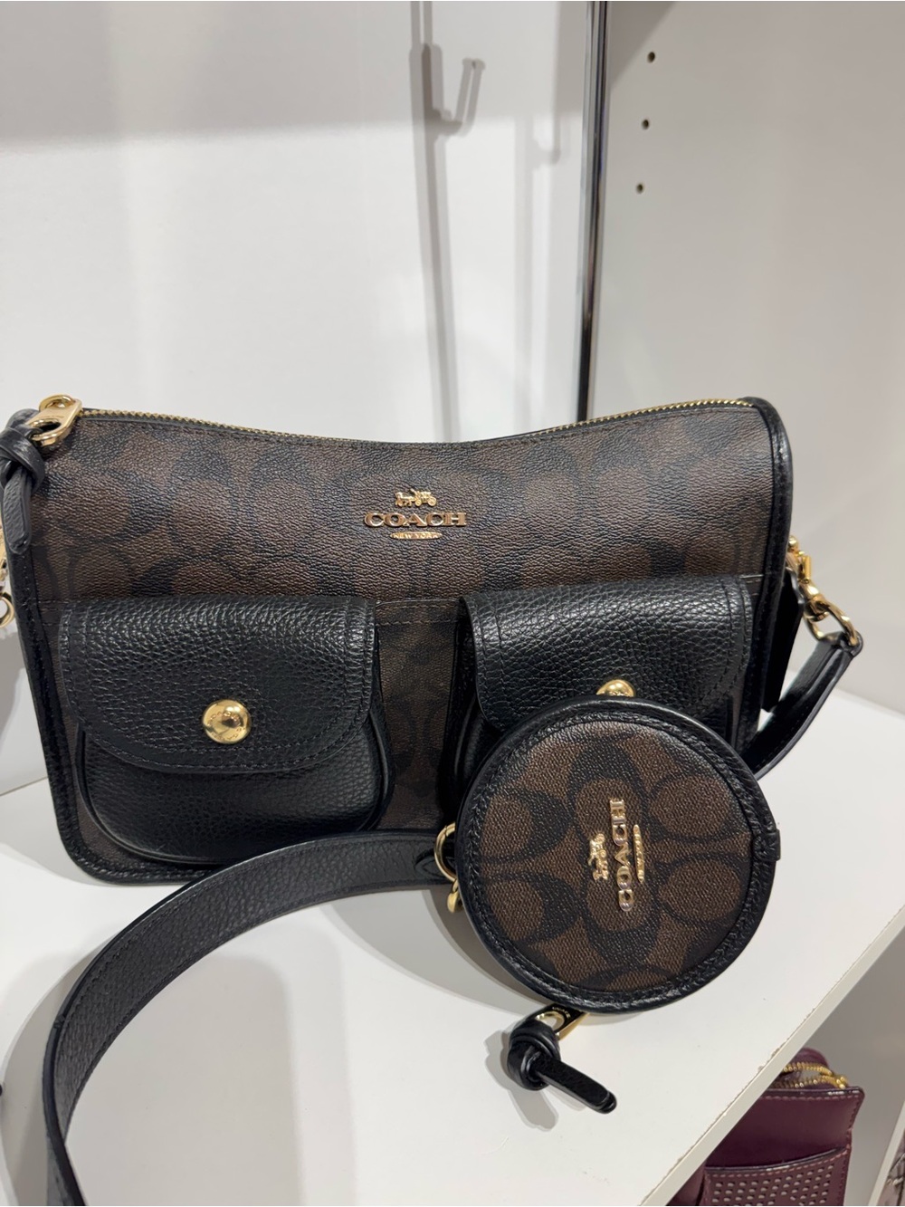 Coach Brown and Black Signature Canvas Crossbody Bag with Pouch